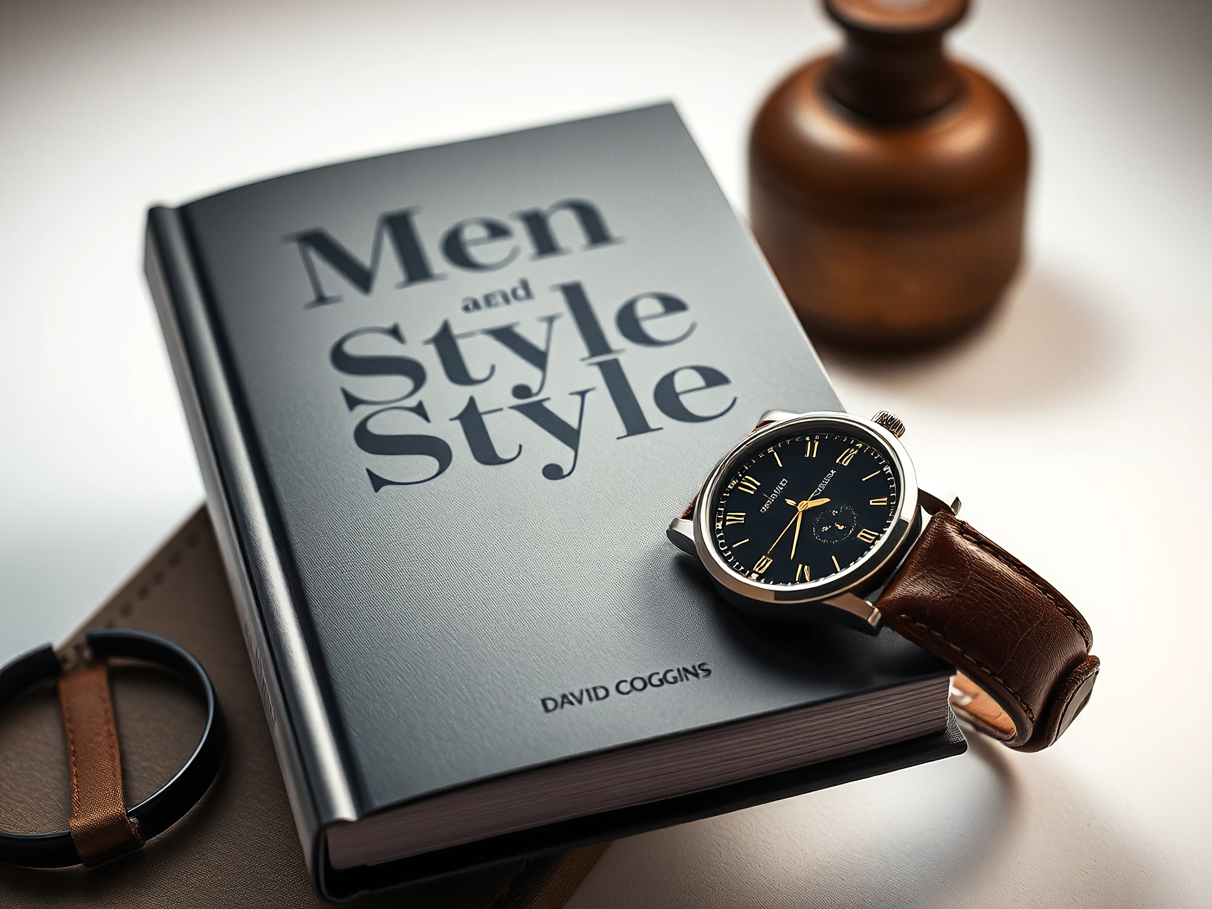 Close-up of David Coggins' 'Men and Style' book and a vintage leather watch in muted earth tones.