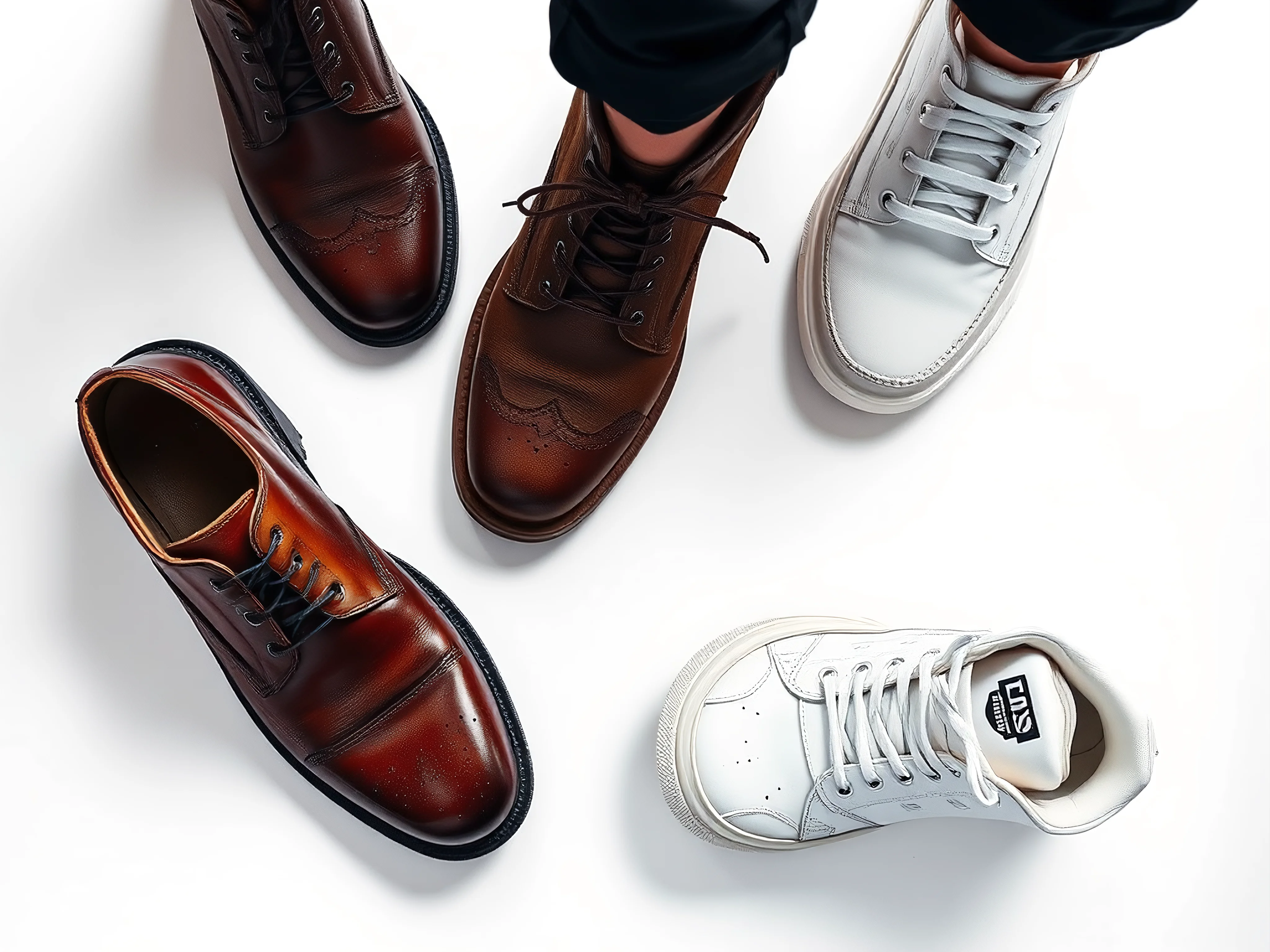 Assortment of men's footwear: leather oxford, work boot, white sneaker.