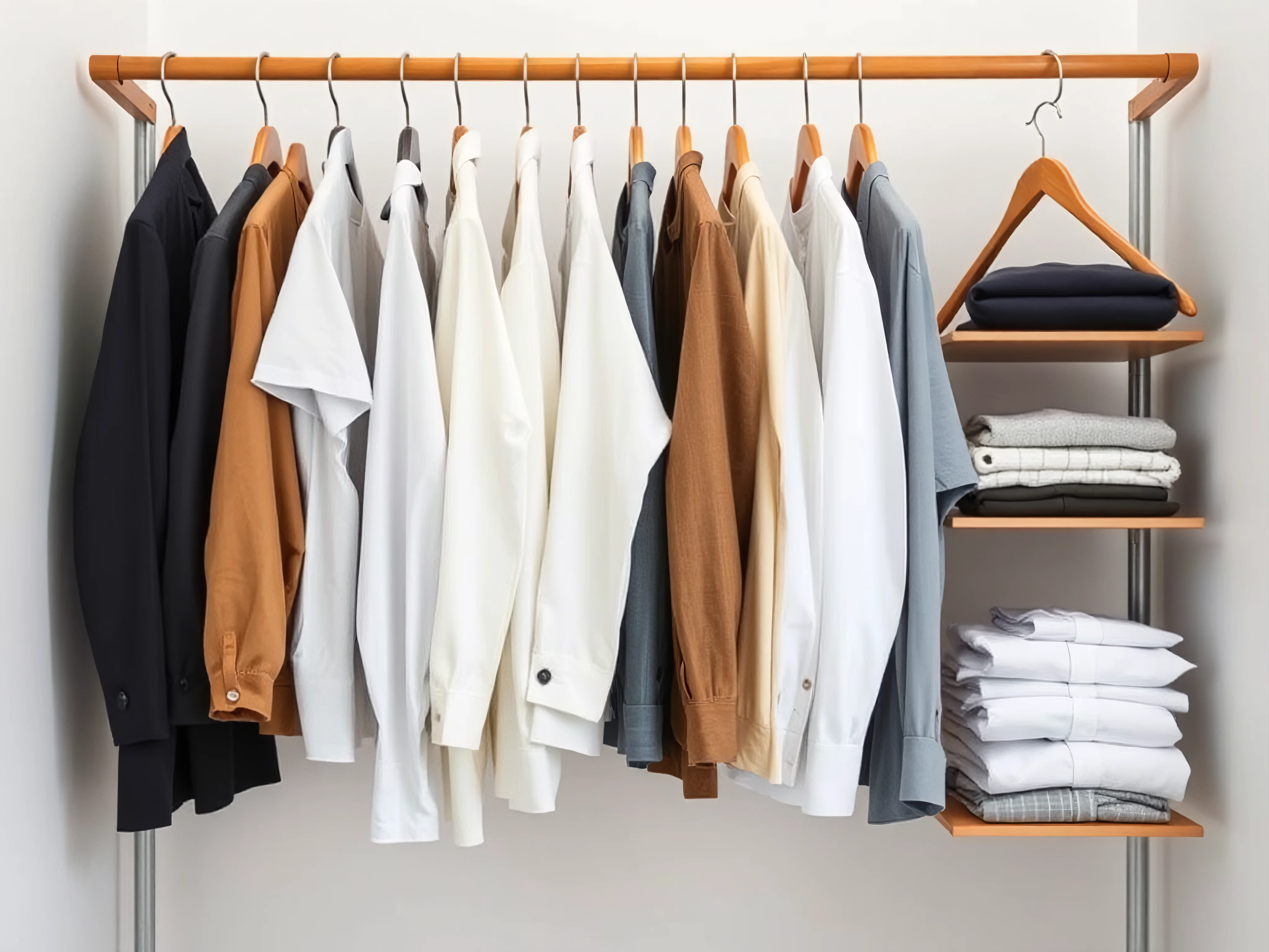 Organized men's capsule wardrobe, hanging clothes, folded shirts, neutral palette.