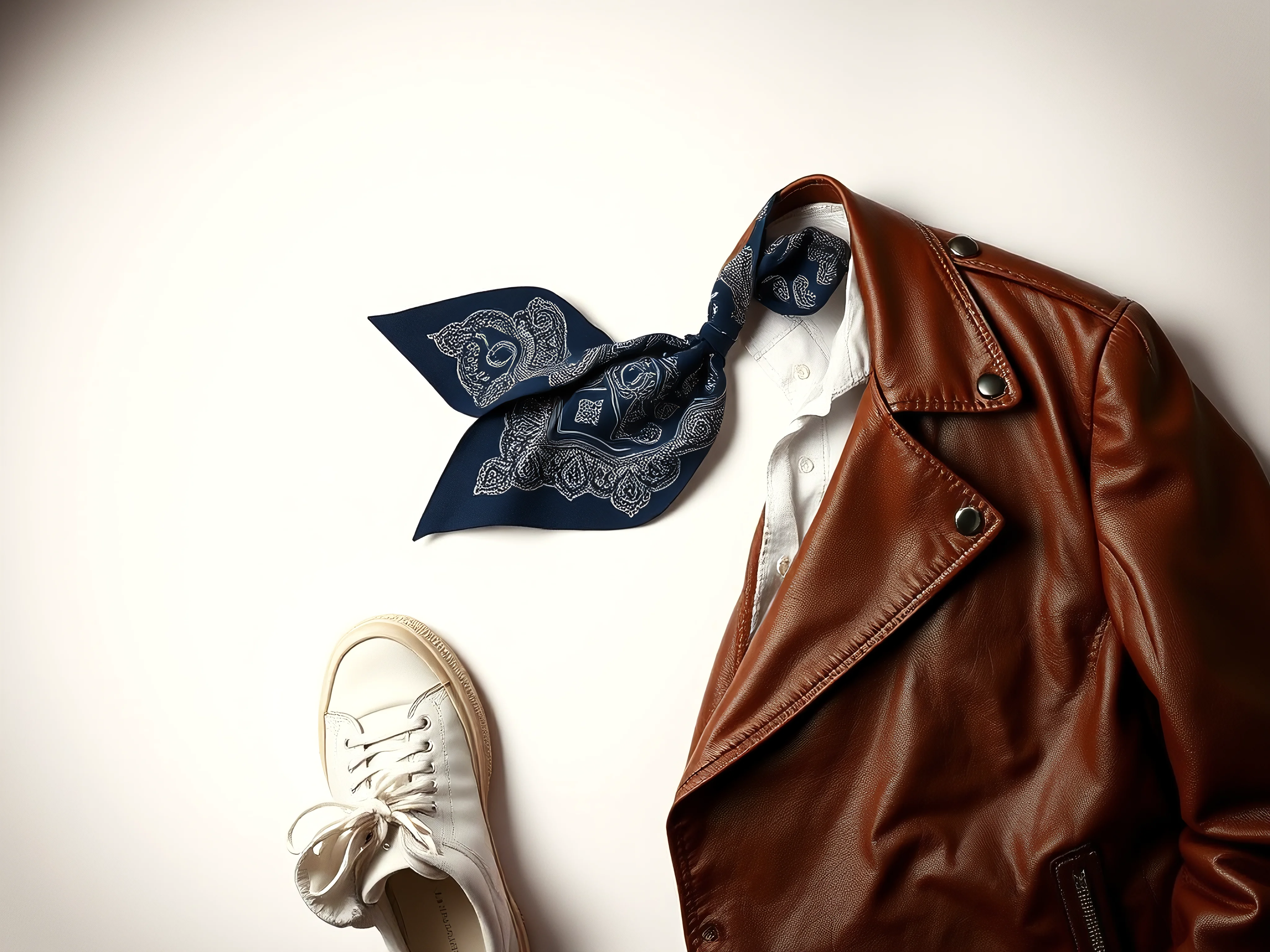 Top-down studio still life of vintage cravat, leather jacket, and white sneaker.
