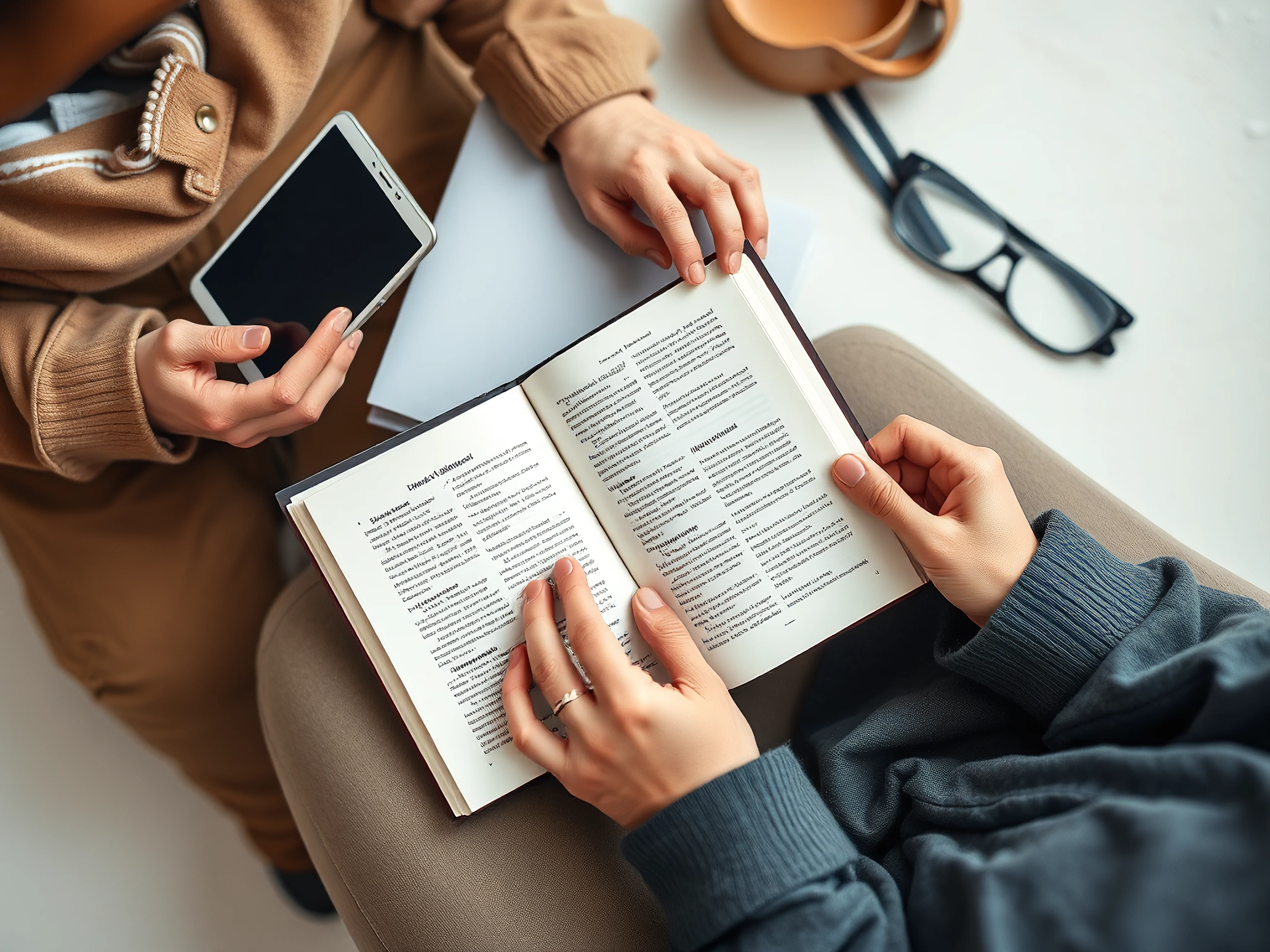 Diverse men's style learning tools: open book, tablet, notebook, fabric swatch.