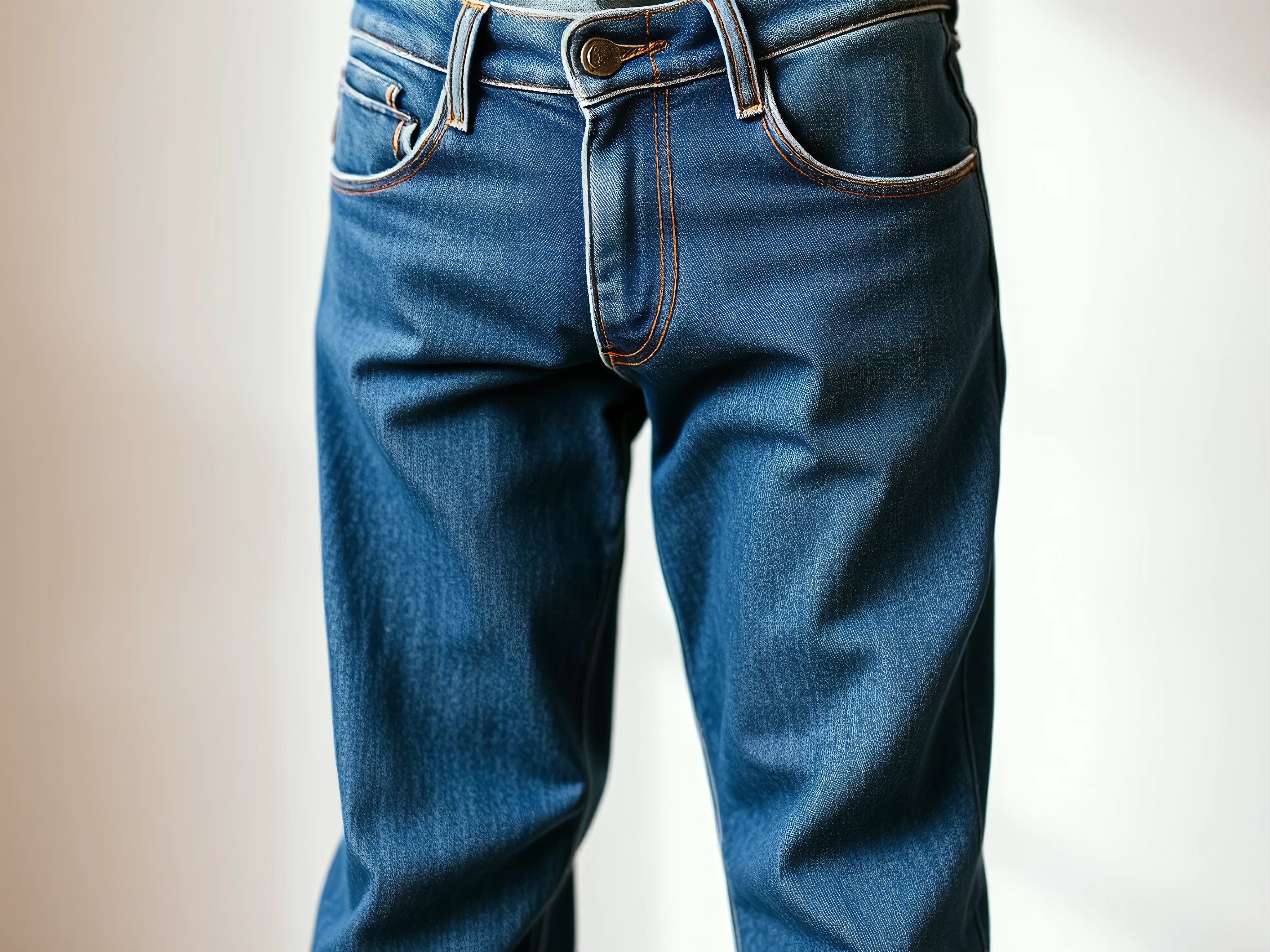 Worn vintage 90s straight-leg denim jeans, distressed, faded, desaturated indigo, brown stitching.