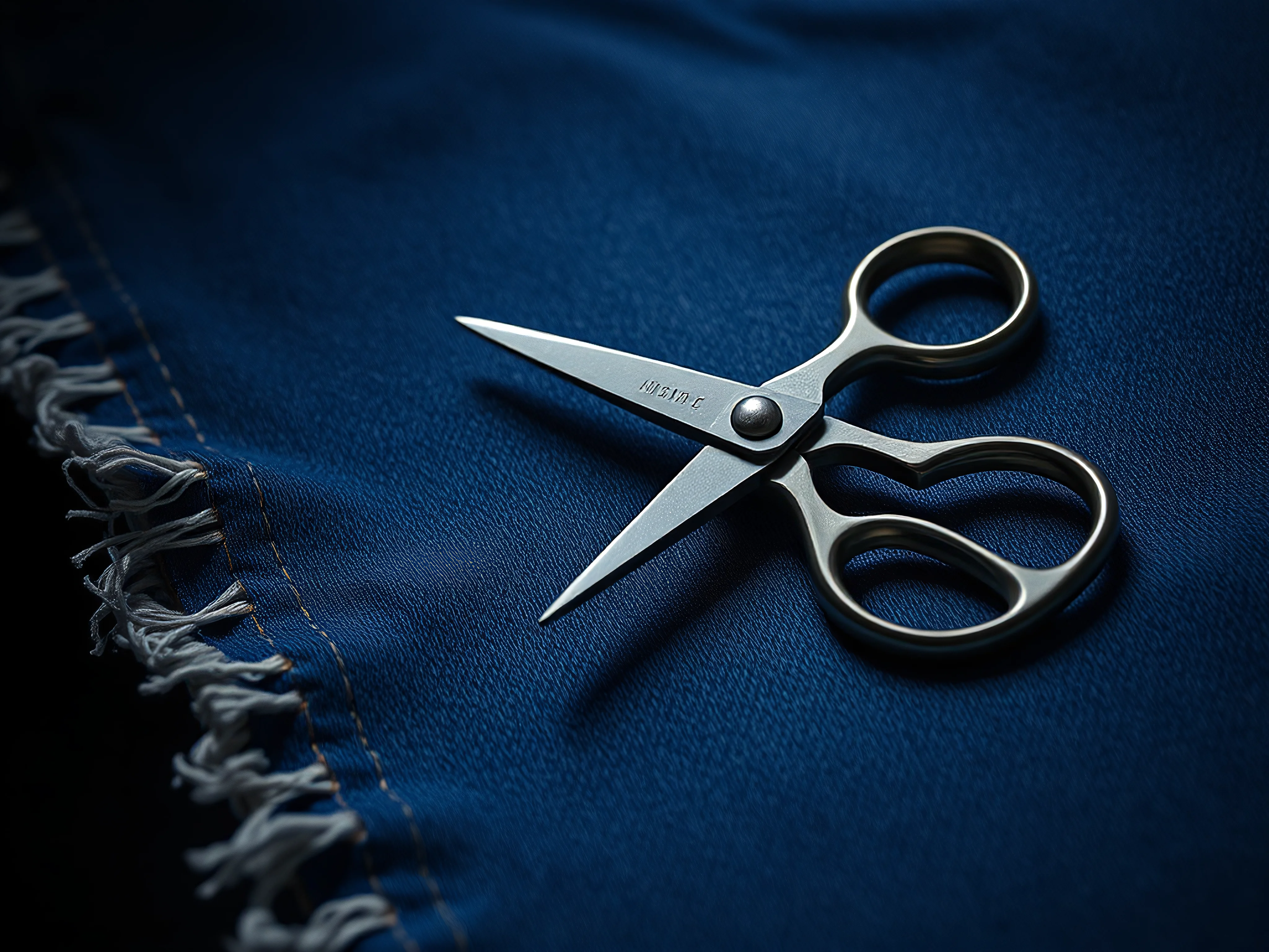 Stylized scissors cutting vintage denim with raw edges, close-up.