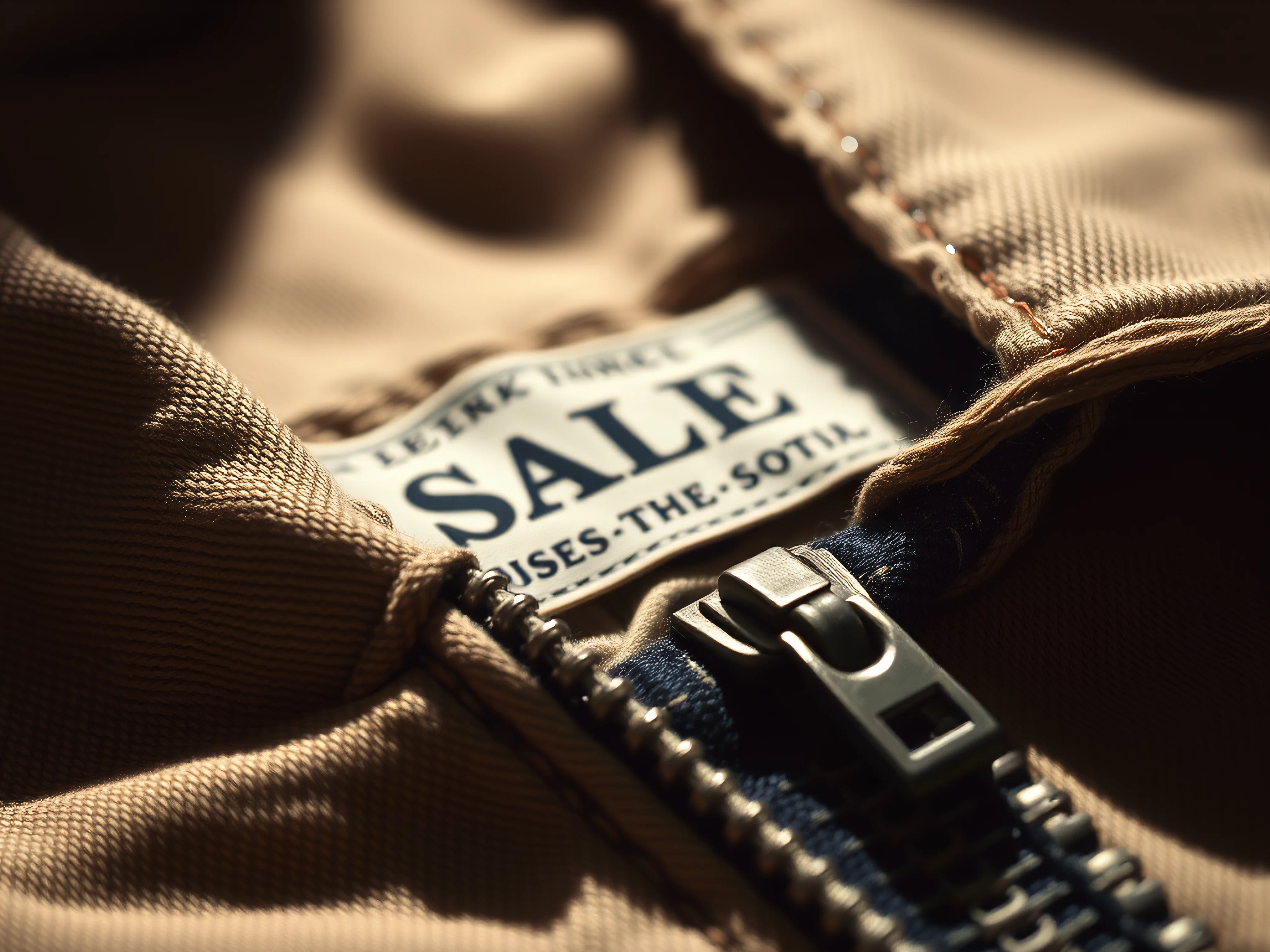 Aged clothing label and vintage metal zipper, close-up, muted sepia.