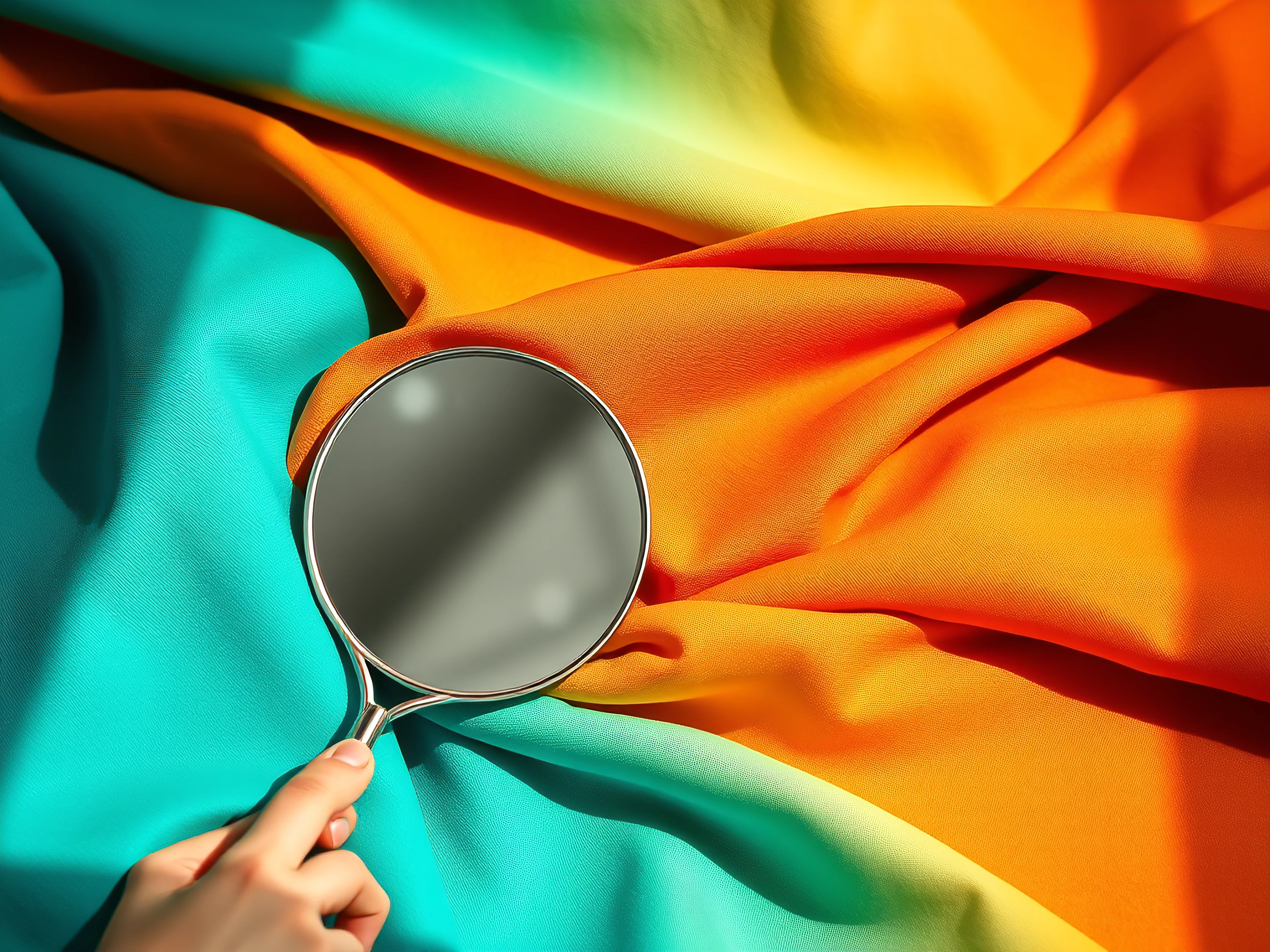 Vibrant fabric swatches draped with a mirror, showing reflected light.