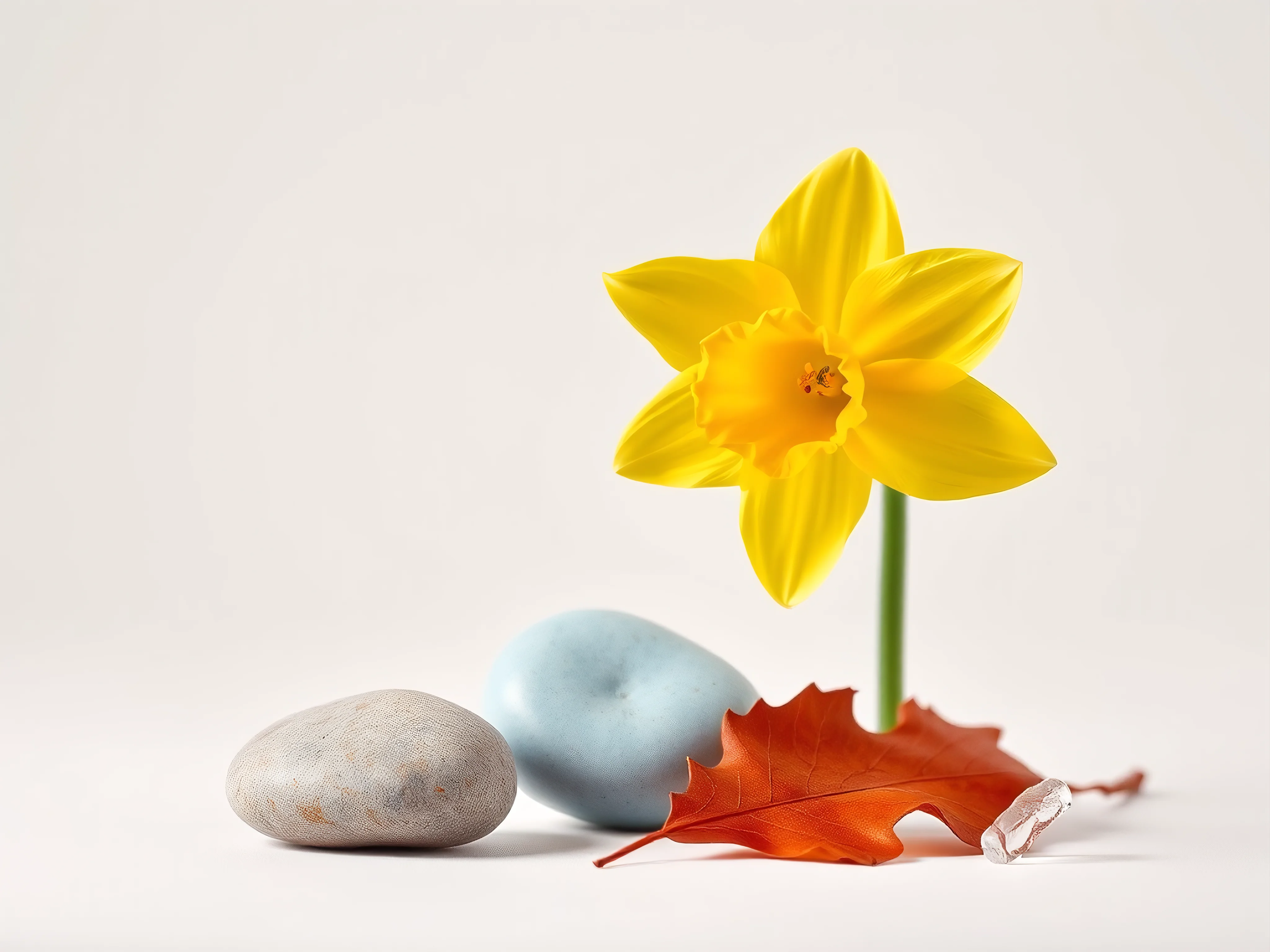 Still life: yellow daffodil, blue pebble, autumn leaf, ice shard. Vibrant seasonal contrast.