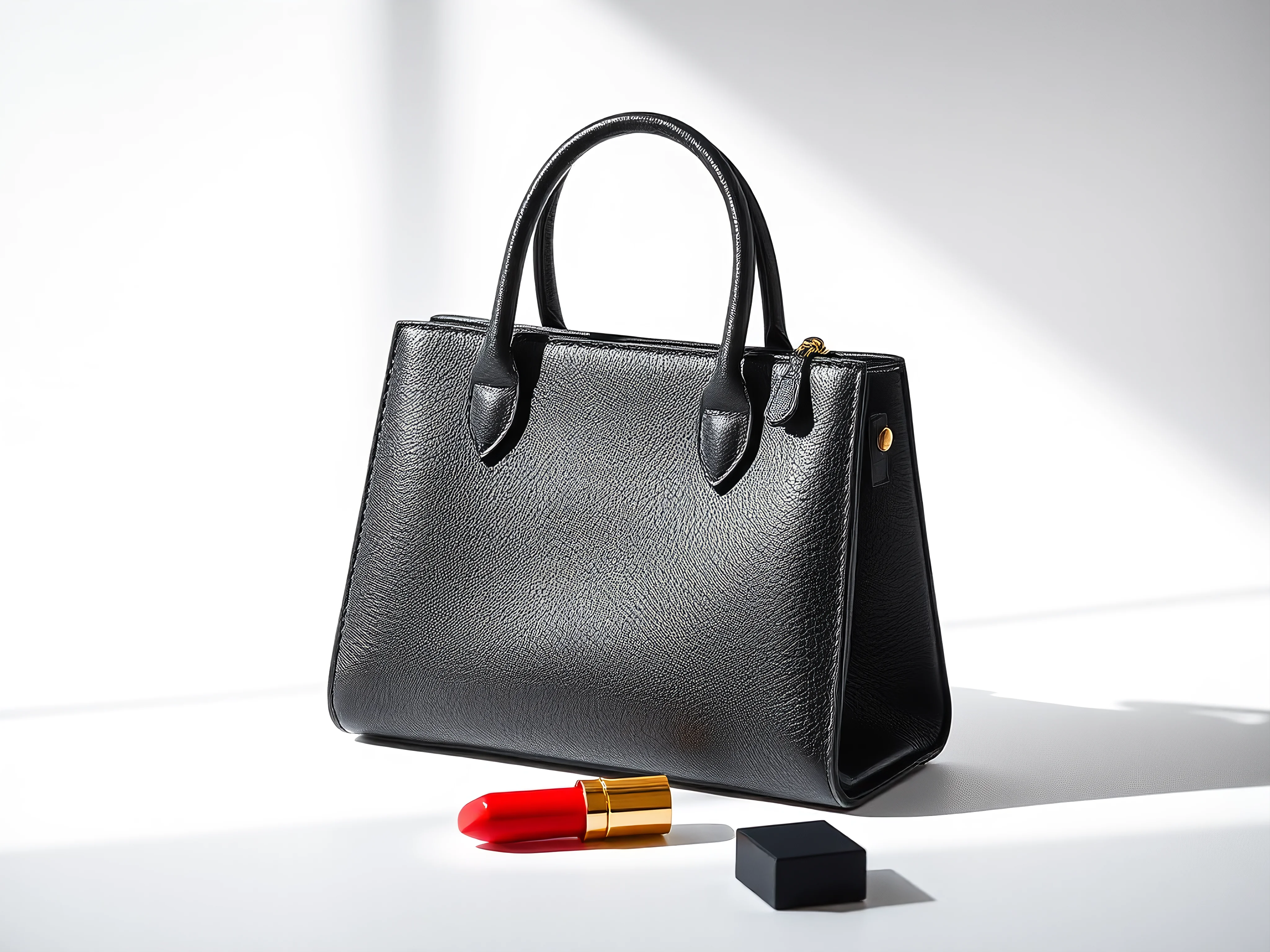 High-contrast flat lay: black handbag, red lipstick, silver earrings.