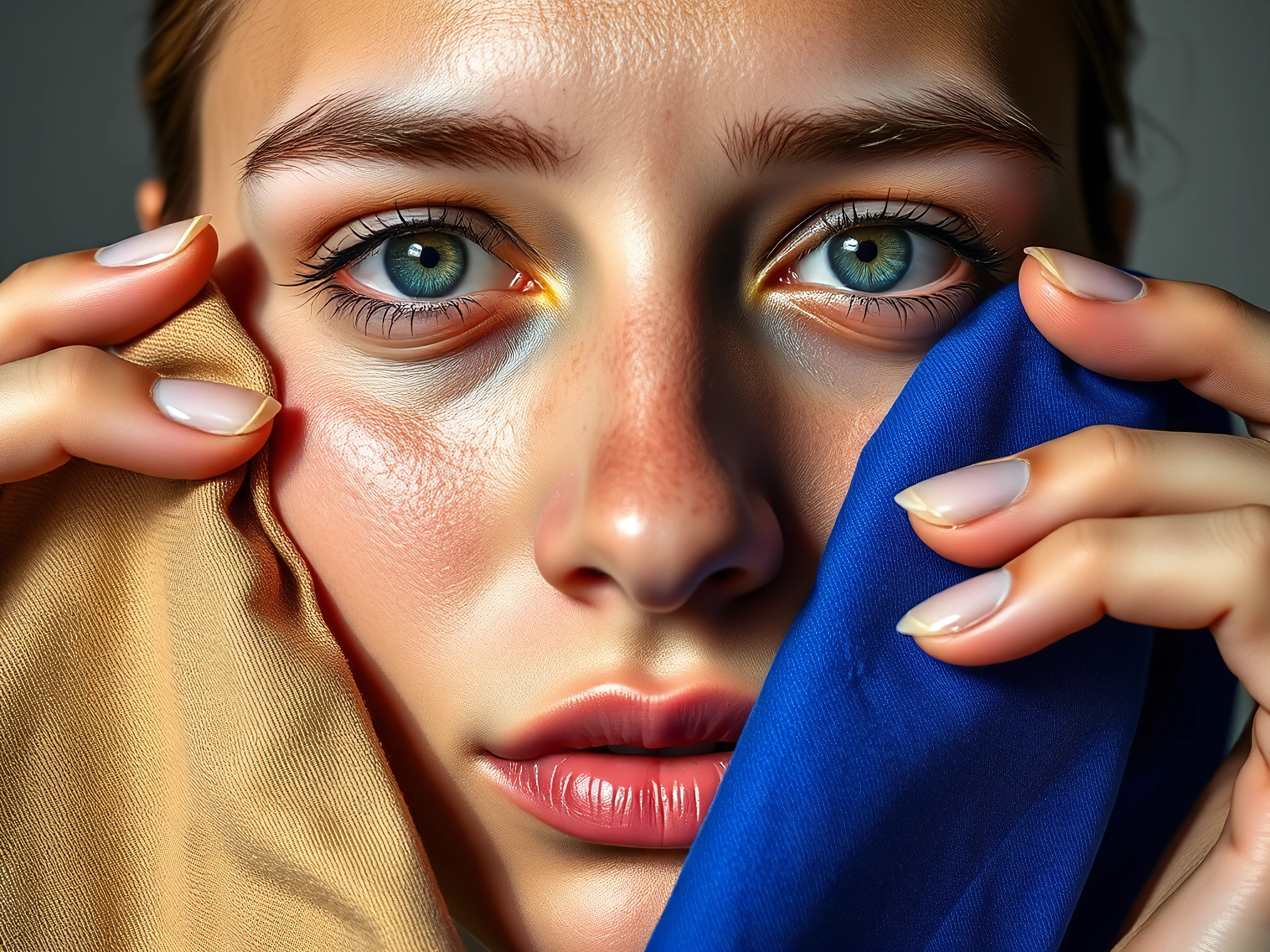 Face with beige fabric making skin sallow, blue fabric making skin bright, showing color's effect.