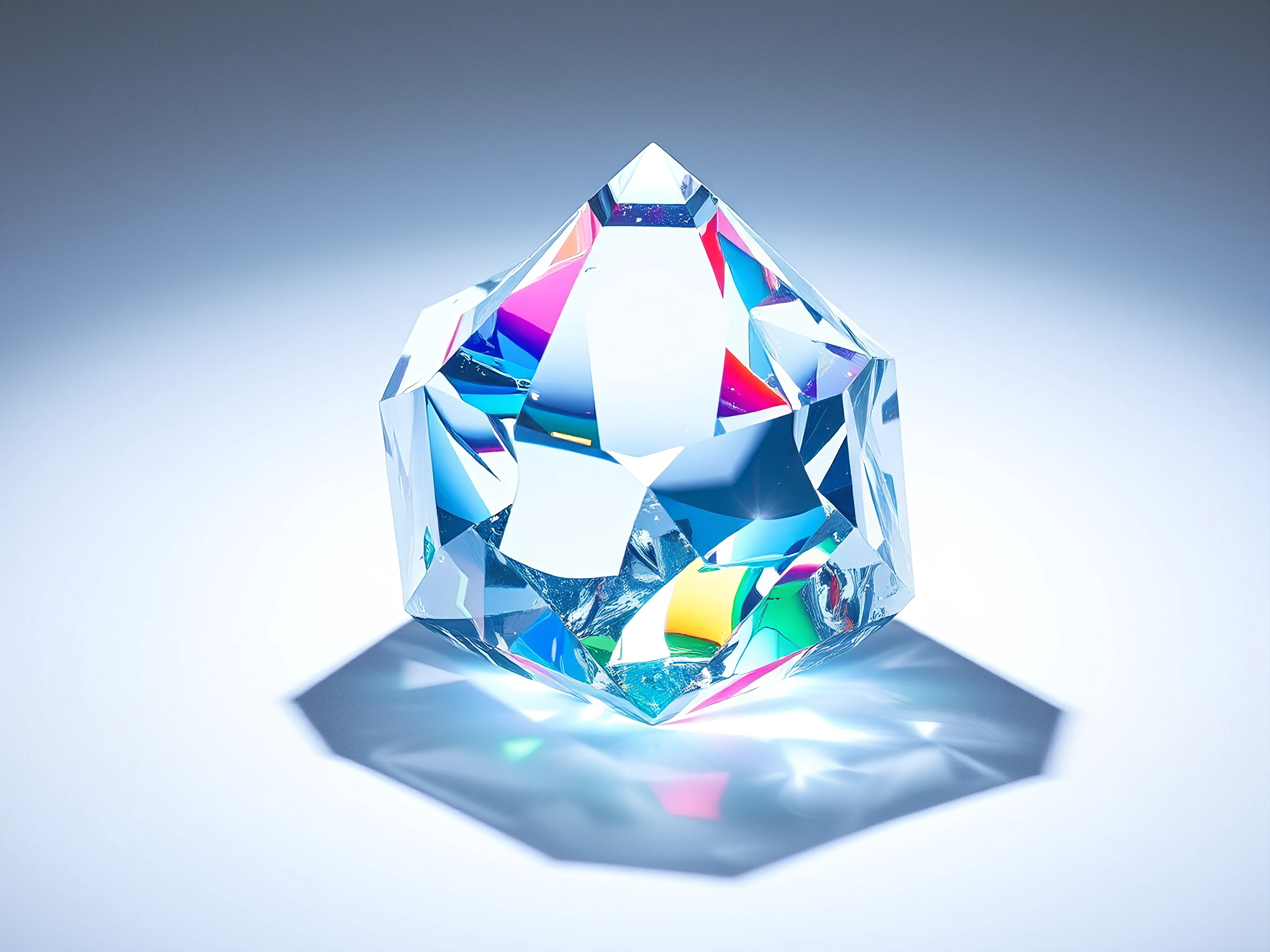 Crystal prism refracting cool light spectrums on white background, still life.